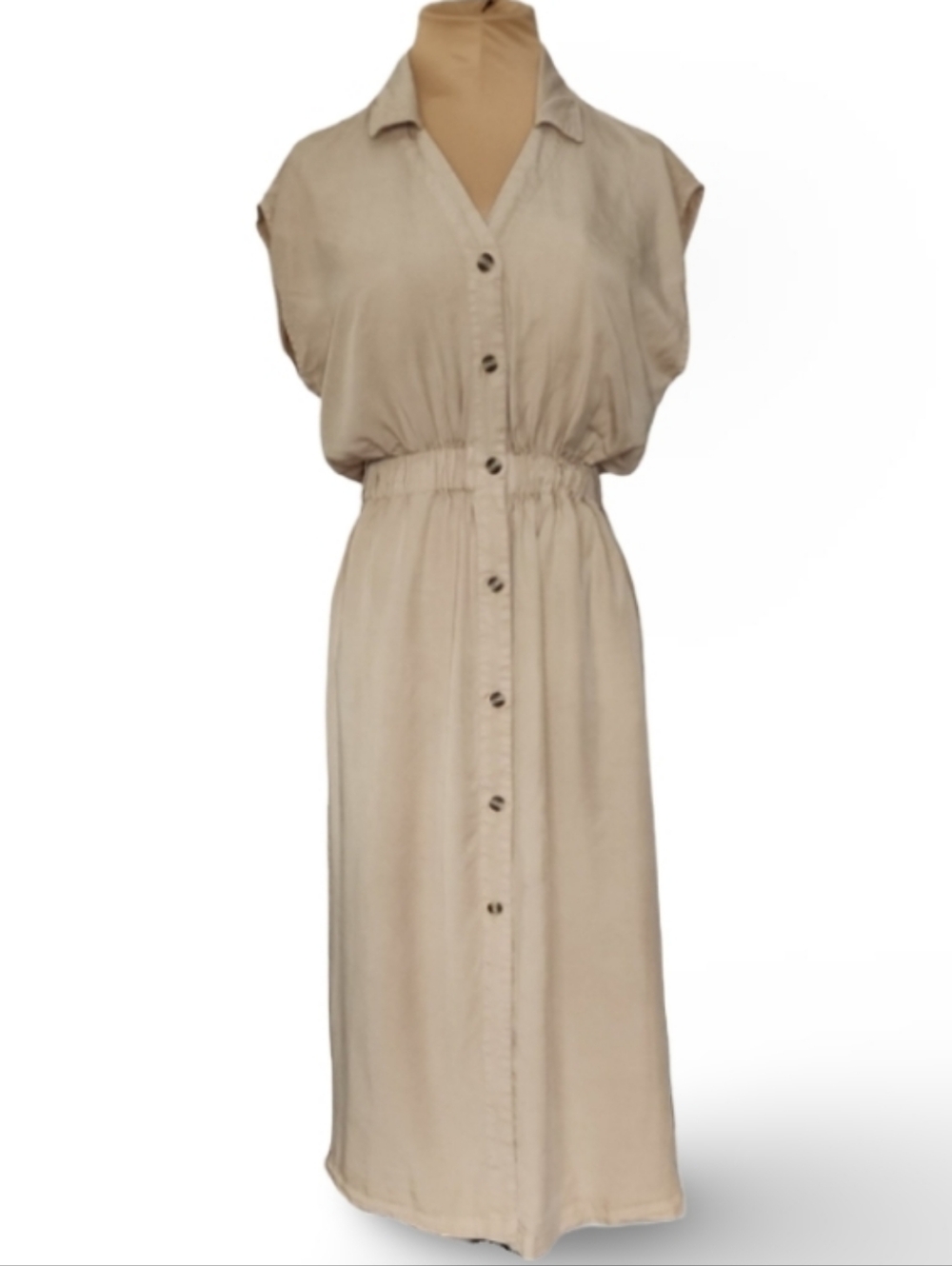 Thread & Supply Tencel Shirt Dress XS‎ Neutral Midi Button Front